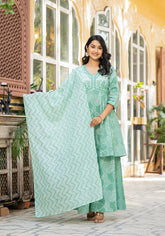 Women Green Print With Embroidered Kurta Pant Dupatta-P1233GREEN_ON